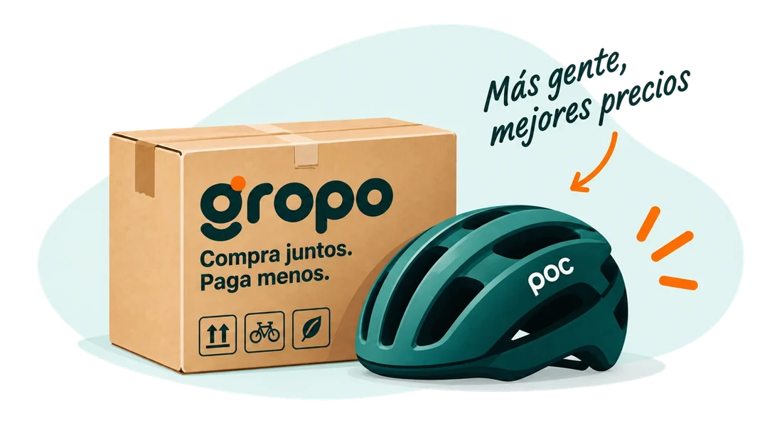 Caja de Gropo con el mensaje «Compra juntos. Paga menos.» junto a un casco de ciclismo